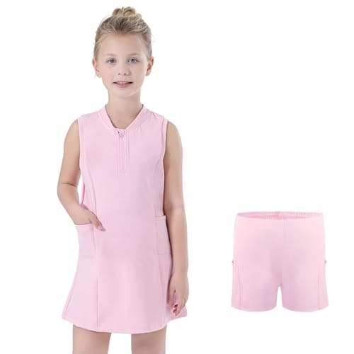 Image of Bezioner Girls Tennis Dress with Shorts Pockets A-Line Golf Outfits Zipper Workout Athletic Dresses Sleeveless Active Dress Pink 120(5-6 Years,110-120cm)