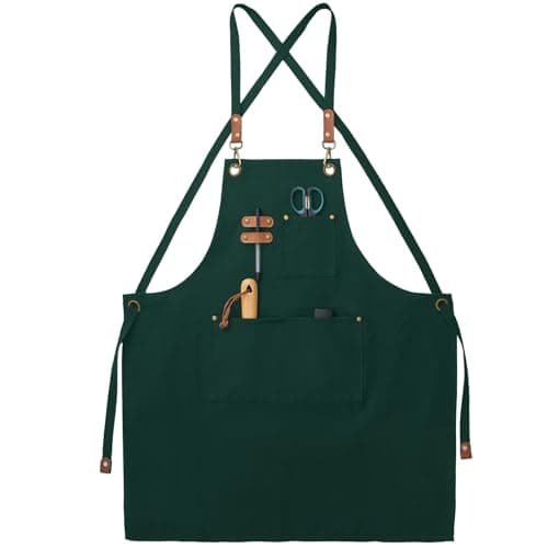 Image of FunChaos Green Canvas Aprons, Work Aprons for Men Women, Chef Apron with Adjustable Strap and 3 Pockets, Apron for Servers Kitchen Cooking Baking Artist Painting, Cross Back