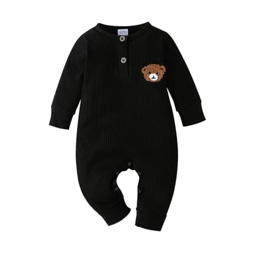 Image of Luolabala Newborn Baby Boy Clothes Bear Print Long Sleeve One Piece Romper Jumpsuit Bodysuit Cute Clothes Black 0-3months