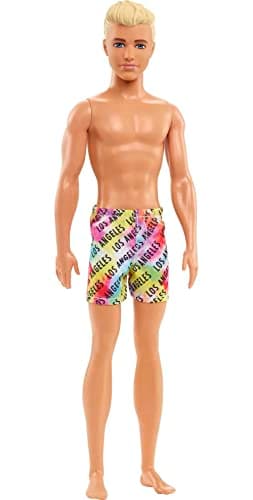 Image of Barbie Ken Beach Doll with Blond Hair Dressed in Colorful Los Angeles-Print Swim Trunks