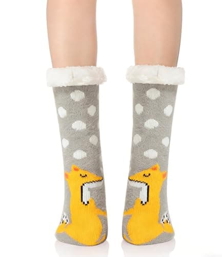 Image of WOTENCE Women Slipper Socks Soft Warm Fleece Lined Cute Animal Winter Non Slip Socks for Women Girls(Grey Fox)
