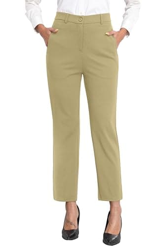Image of GRECERELLE Womens Work Trousers Office Smart Stretchy High Elasticated Waist Straight Leg Casual Yoga Pants for Women UK with Pockets Zipper (Khaki, S)