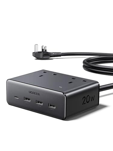 Image of UGREEN Extension Lead with 4 USB Slots, 2 Way 2990W Max Multiple Plug with 1.5m Extension Cable, Compatible with iPhone 17/16/15/14, iPad Pro/Mini, Suitable for Home/Office, Black