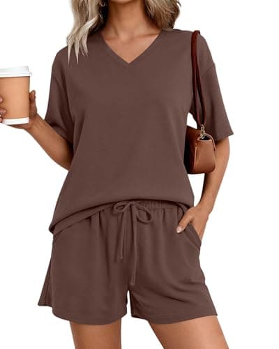 Image of REORIA Women V Neck Activewear Loose Short Sleeve Lounge Wear Set Solid Color Tracksuit Co Ord Sets Two Piece Outfit Coffee L