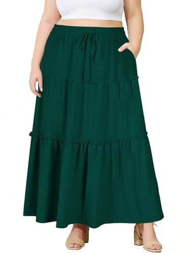 Image of Moon Wood Women's Skirts Summer Maxi Long Skirt High Waist Flowy Ruffle Tiered A Line Skirts with Pockets Plus Size Green 3XL
