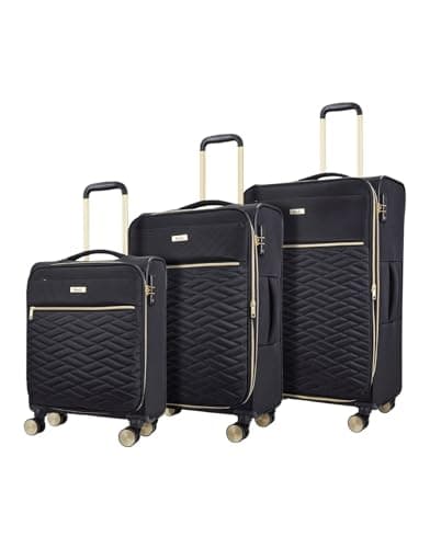 Image of Rock Sloane Set of 3 Expandable Soft Shell Suitcases in Black - Signature London Styling, 360 Swivel-Wheels, Telescopic Handle, Stylish Gold Accents & TSA Combination Lock - Small, Medium & Large