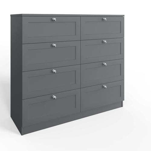 Image of FWStyle Matt Grey 8 Drawer Chest of Drawers with Shaker Style Fronts and Chrome Knob Handles, Wide Bedroom Storage Furniture with Smooth Metal Runners, Scratch Resistant Finish, H99 x W110 x D40cm