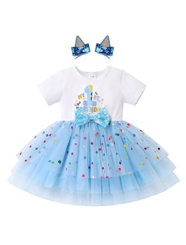 Image of FYMNSI Baby Girl 1st First Birthday Cake Smash Outfit Blue Confetti Polka Dots One Year Old Party Short Sleeve Tulle Tutu Princess Dress with Hair Clips Set Photo Shooting Summer Clothes Blue 1st 1Y