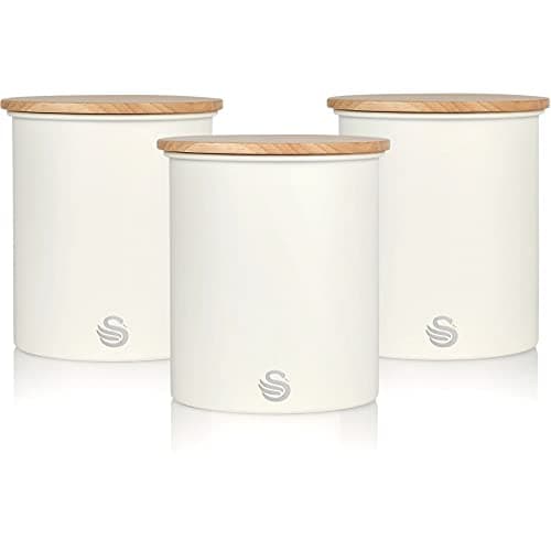 Image of Swan 3 SWKA17513WHTN Nordic Scandi Set of 3 Storage, Tea, Coffee and Sugar Canisters, Cotton White, Steel, Bamboo Lid