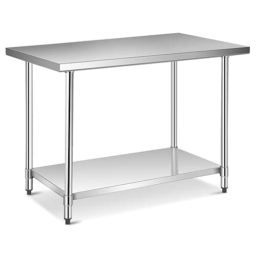 Image of COSTWAY 48 x 30 Inch/48 x 24 Inch/60 x 24 Inch Stainless Steel Catering Table, 250kg Load Commercial Work Table with Adjustable Bottom Shelf, Heavy Duty Food Prep Table for Kitchen Garage (48x30 Inch)
