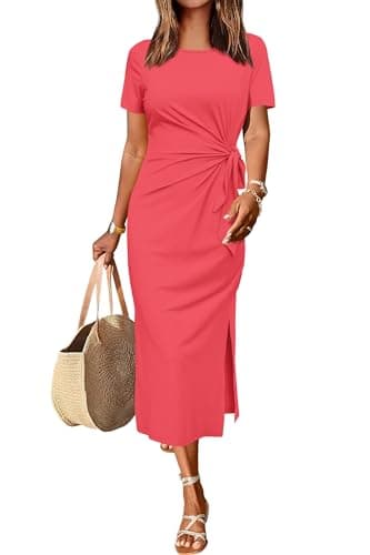 Image of Newshows Summer Dresses for Women UK Casual Long Maxi Dress Tie Waist Elegant T Shirt Split Dress Orange Red,XXL
