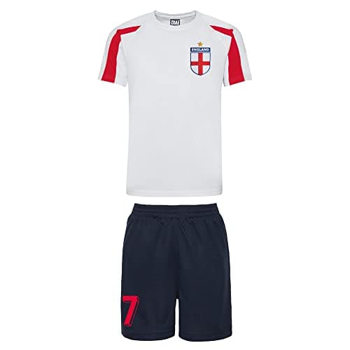 Image of Personalised England Style Kit White Football Shirt, Blue Shorts, for Girls and Boys Best Birthday Gift for Children Kids Playwear (12-13 Years)