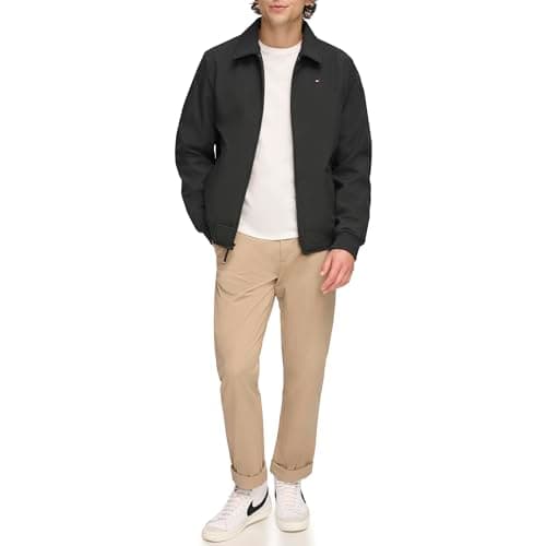 Image of Tommy Hilfiger Men's Lightweight Water Resistant Varsity Bomber Jacket Shell, Black Softshell W. Laydown Collar, XXL