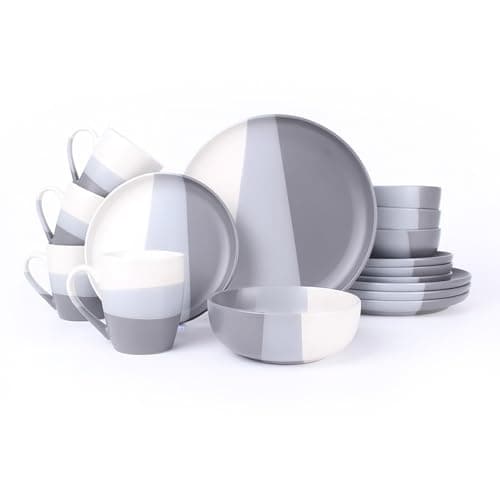Image of ROYALFORD 16 Piece Stoneware Dinnerware Set | Microwave, Dishwasher & Freezer Safe Durable Crockery Set | Includes Dinner & Dessert Plates Cereal Bowl & Mugs Kitchen Dinner Set for 4 People Cloud Grey