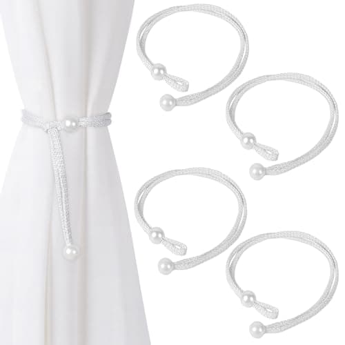 Image of Dalababa 2 Pair Curtain Tie Backs Rope, Polyester Hand-Woven Drapery Holdbacks, Pearl Curtain Tiebacks Straps Buckles for Home Decor (White)