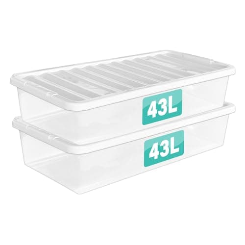 Image of 2 x 43 Litre Underbed Clear Plastic Storage Boxes With Lids Set of 2, Transparent Multipurpose Nestable Stackable Plastic Box With Lid Containers For Home, Kitchen, Garage, Office, Accessories