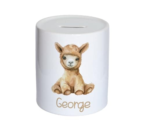 Image of Personalised Watercolour Cute Llama Kids Money Box, Piggy Bank, Savings Jar for Kids Coins. Bank Cash Box. Ceramic. For Boys & Girls