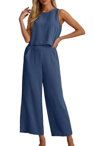 Image of IWOLLENCE Co Ord Sets for Women 2 Piece Outfits Lounge Wear for UK Travel Airport Set Sleeveless Crop Tops Wide Leg Trousers with Pockets Casual Tracksuit Full Set Elegant (Dark Blue, L)