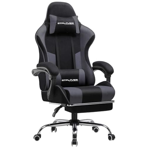 Image of GTPLAYER Fabric Gaming Chair, Massage Ergonomic Computer Chair with Footrest, Lumbar Support, Headrest, Height Adjustable Home Office Reclining PC Racing Chairs Grey