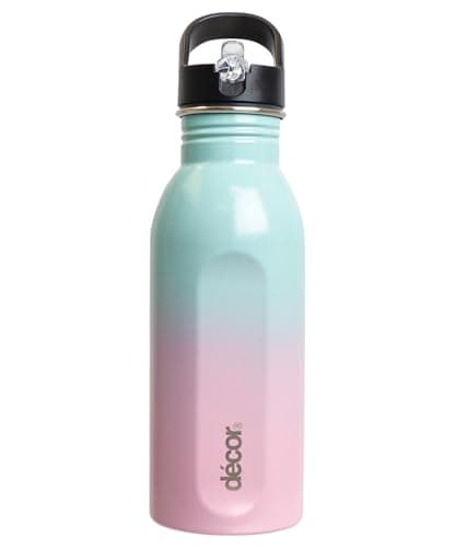 Image of Décor Snap n Seal 500ml Stainless Steel Water Bottle with Straw, BPA Free - Leakproof Metal Flask with Carry Handle for School, Travel, Work & Gym - Ideal Drinking Bottle for Kids & Adults - Ombre