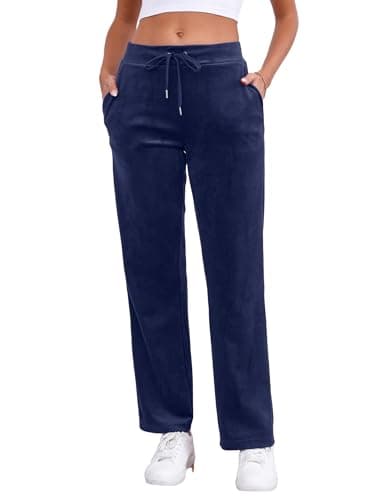 Image of Pescool Velour Pants for Women, Straight Leg Womens Velour Sweatpants, Velvet Wide Leg Lounge Pants for Women with Pockets, Navy, S