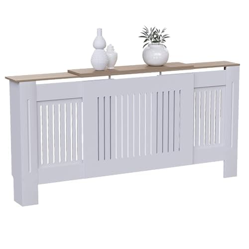Image of Vida Designs Arlington Radiator Cover White - Adjustable - Modern Shaker Style Vertical Slats for Heat Circulation - H83xW140-204xD19cm - Painted MDF Cabinet for Living Room & Hallway