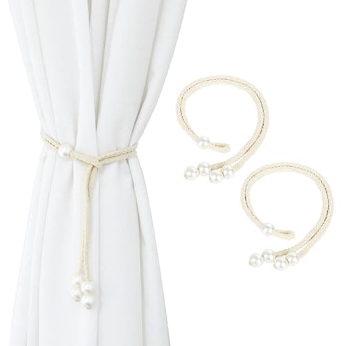 Image of Dalababa 2 Pcs Curtain Tie Backs Rope, Boho Decor Beige Drapery Holdbacks, Hand-Knitted Curtain Tiebacks with Pearl for Home, Office, Living Room, Bedroom