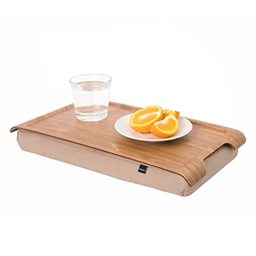 Image of Bosign Laptray with bean bag cushion. Portable Lap desk for Laptop, Breakfast, Dinner. Washable, removable cushion cover. Natural Willow Wood. Brown cushion. MINI (43x23x6,5 cm)