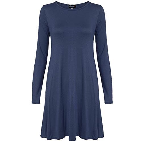 Image of Colop Women Ladies Long Sleeve Swing Dress Flared A Line Skater Dress Top Size 8-26 (Navy, 12-14)