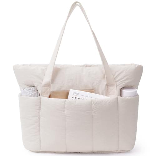 Image of Narwey Work Tote Bags for Women, Large Puffer Teacher Laptop Tote Bag with Zip, Ladies Handbags Shoulder Bag for School College Shopping Work Travel Gym Beach (Beige)