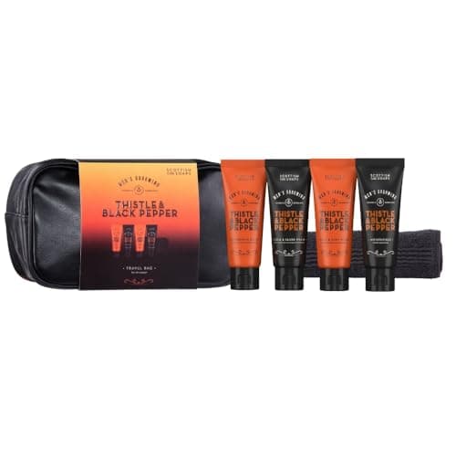 Image of Scottish Fine Soaps Men's Grooming Thistle & Black Pepper Travel Bag – Travel Gift Set with Hair & Body Wash, Moisturiser, Beard Wash and Balm plus washbag and washcloth
