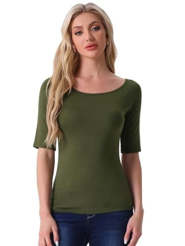Image of Allegra K Women's St. Patrick's Day Tops Soft Scoop Neck Fitted Half Sleeves T-Shirt Army Green XS