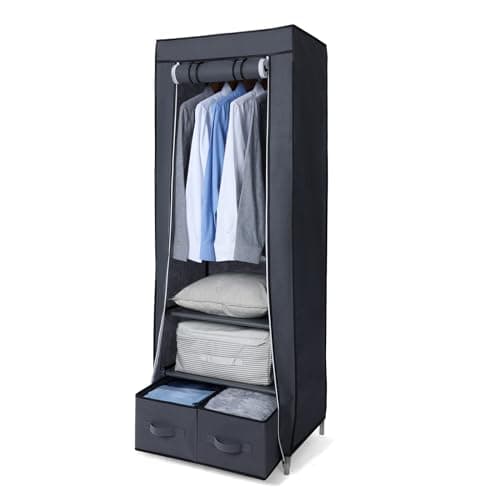 Image of Hododou Portable Wardrobe Single Canvas Wardrobe Clothes Storage Organizer with 2 Drawers and Hanging Rail Foldable Closet for Clothes, Bags, Toys, Shoes, Living Room, Bedroom 160 x 59 x 43CM (Grey)