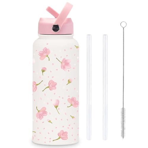 Image of Floral Girls Water Bottle, 32oz Stainless Steel Pink Water Bottle with Handle, Portable Cute Insulated Water Bottles for Women Girls Teens