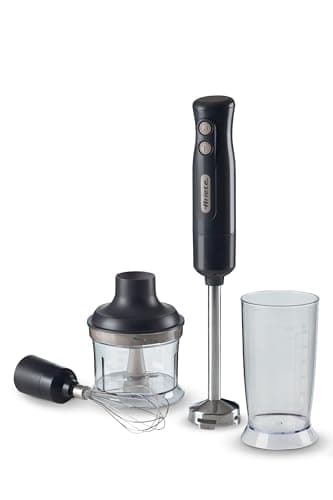 Image of Ariete 0601 Breakfast Line 3 in 1 Hand Blender, 2 Speed settings, Transparent Glass, Minipimer 700W, Whisk & Chopper Included, Dark Grey