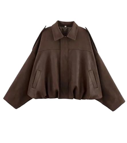 Image of Bnigung Women's Jacket in Faux Suede Bomber Jacket Style, Casual Lapel, Oversized Motorcycle Jacket, coffee, S