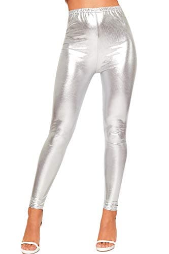 Image of WearAll Women's Shiny Metallic Print High Waisted Disco Pants Leggings Ladies Stretch - Silver - 16-18