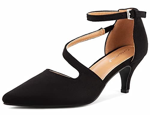 Image of Greatonu Womens Court Shoes D'Orsay Ankle Strap Low Kitten Heel Dress Pumps Wedding Bridal Black 1 UK 3.5