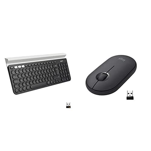 Image of Logitech K780 Multi-Device Wireless Keyboard - Dark Grey/White & Pebble Wireless Mouse, Bluetooth or 2.4 GHz with USB Mini-Receiver, Silent, Slim Computer Mouse with Quiet Click - Graphite/Black