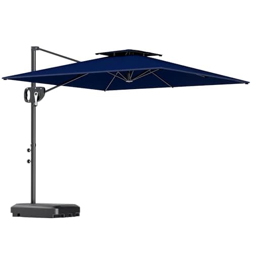 Image of Outsunny 2.5m Garden Cantilever Parasol with Fillable Base, Up to 40kg, Double Top Garden Parasol, Square Overhanging Patio Umbrella with Crank Handle and Tilt for Outdoor Sun Shade, Blue