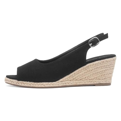 Image of Lilley Womens Black Wedge Peep Toe Buckle Sandal - Size 6 UK - Black