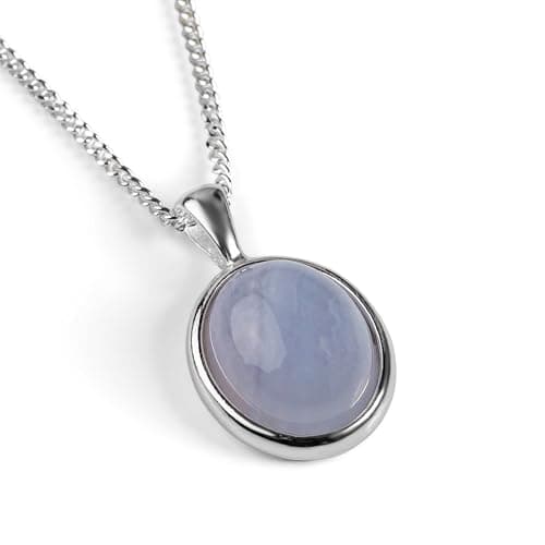 Image of HENRYKA 925 Sterling Silver & Blue Lace Agate Classic Oval Necklace | Minimal Pendant | Birthstone Gifts | Hypoallergenic Women's Jewellery with Gift Box