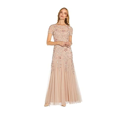 Image of Adrianna Papell Women's Floral Beaded Godet Gown, Blush, 16