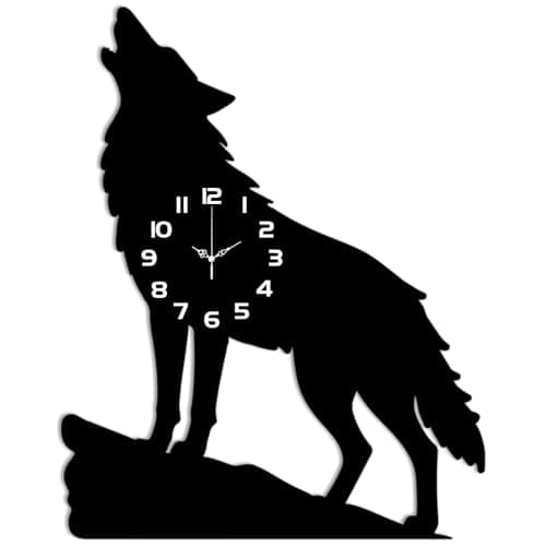 Image of CONCHLERY Wolf Howls Wall Clock Silhouettes Flat Printing Irregular Flat Printing Shape Clocks Non Ticking Clock Decorative for Home Living Room Bedroom Office Decoration, 16.14x12.83 inch