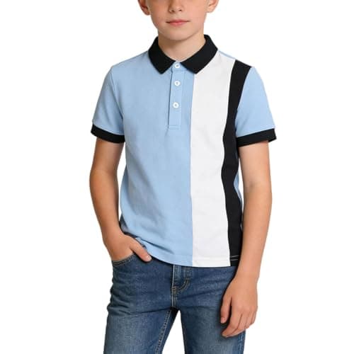 Image of Blue Kids Polos Shirts Boys Short Sleeve Button Up Colorblock Tshirts Summer Plain Tee Tops School Uniform Outdoor Gym Sportwear for Unisex Childs Age 5-14 Years 14-15 Years