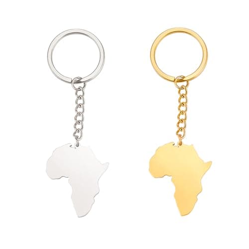 Image of EUEAVAN Africa Map Keychain Map of Africa Country keyring African Tribal Keychain Africa Motherland Outline Ethnic Jewelry, Silver+gold, Large