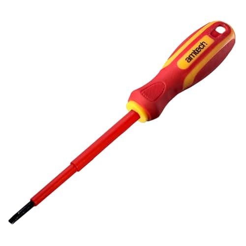 Image of Amtech Slotted 4 × 100 mm VDE 1000 V Electrical Screwdriver, Chrome Vanadium Shaft with Insulated Sheath & Dual-Colour Handle, Certified EN IEC 60900