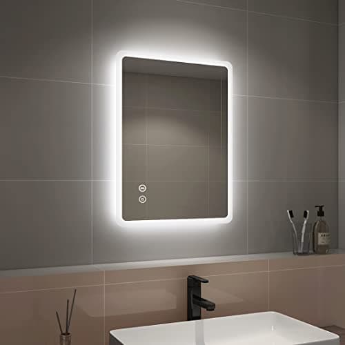 Image of EMKE Illuminated Vanity Mirror 450x600mm, Backlit LED Bathroom Mirror with Shaver Socket and Bluetooth Speaker, Demister Pad, Touch Switch, Vertical & Horizontal