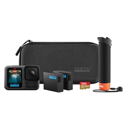 Image of GoPro HERO13 Black Accessory Bundle - Includes The Handler (Floating Hand Grip), 2 Enduro Batteries, 2 Curved Adhesive Mounts, 64GB SanDisk MicroSD Card, Carrying Case, and more