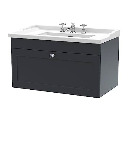 Image of nuie CLC1496G Classique Wall Hung 1 Drawer Vanity Unit & 3 Tap Hole Ceramic Basin, 800mm, Satin Anthracite, Soft Black
